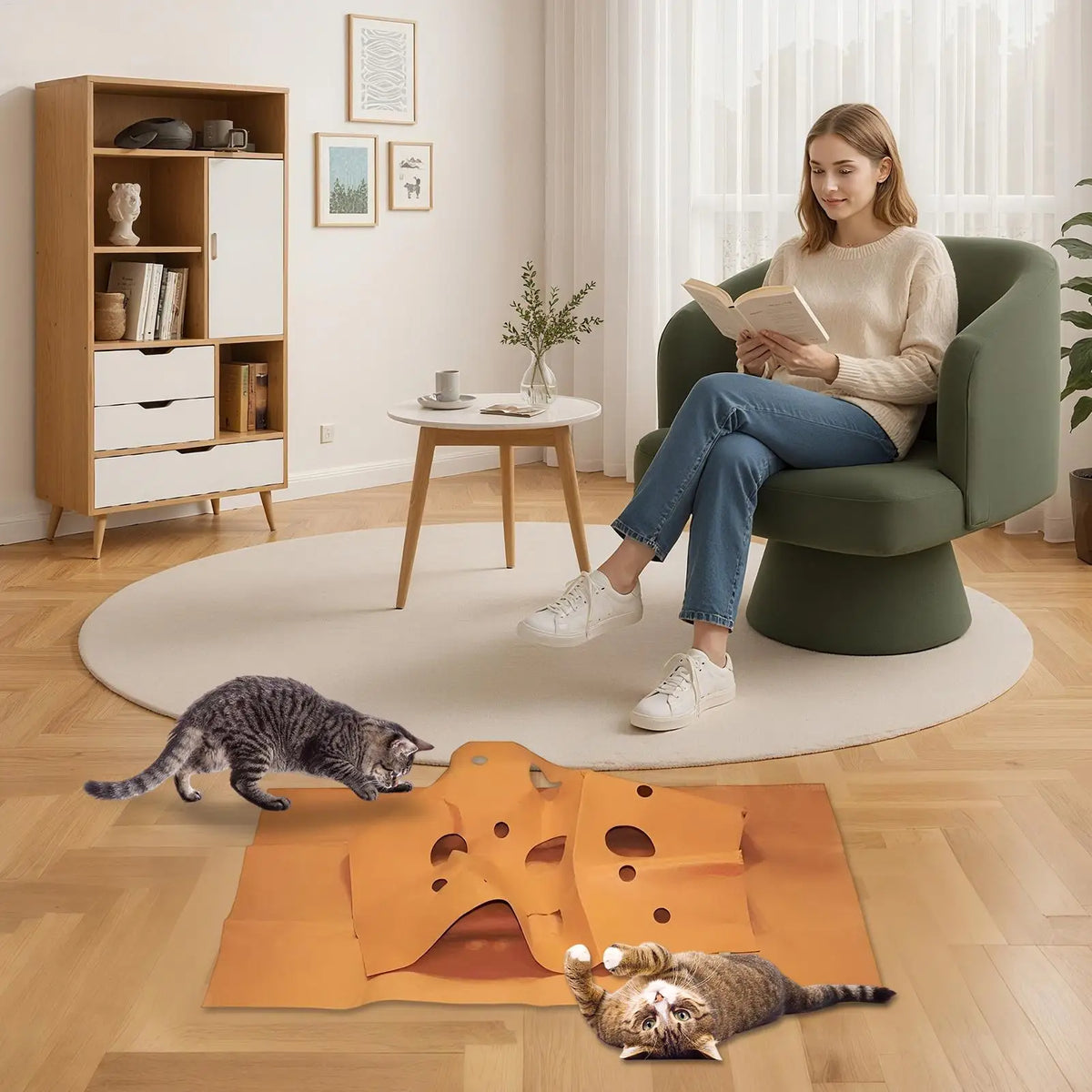 Interactive Cat Tunnel with Play Mat Foldable Enrichment Toy for Indoor Kitten Agility Training Scratching Climbing Activity Mat
