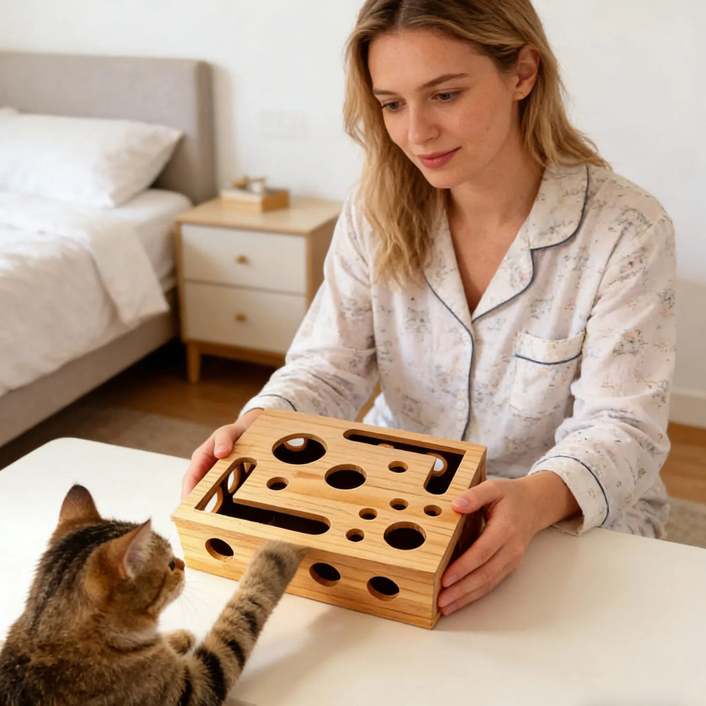 Cat Nail File Enrichment Box Wooden Puzzle Dispenser Cat Nail Scratch Enrichment Box for Pet Exercise Training Boredom Travel