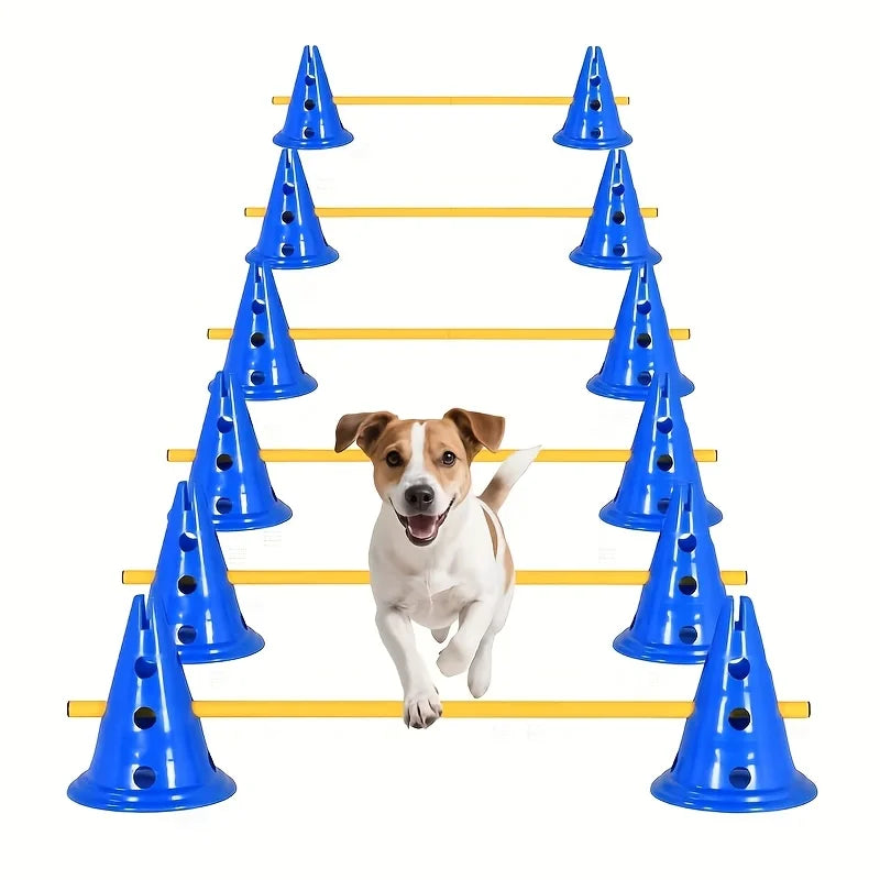 Dog agility training equipment set with perforated roadblock bucket and hurdle stand