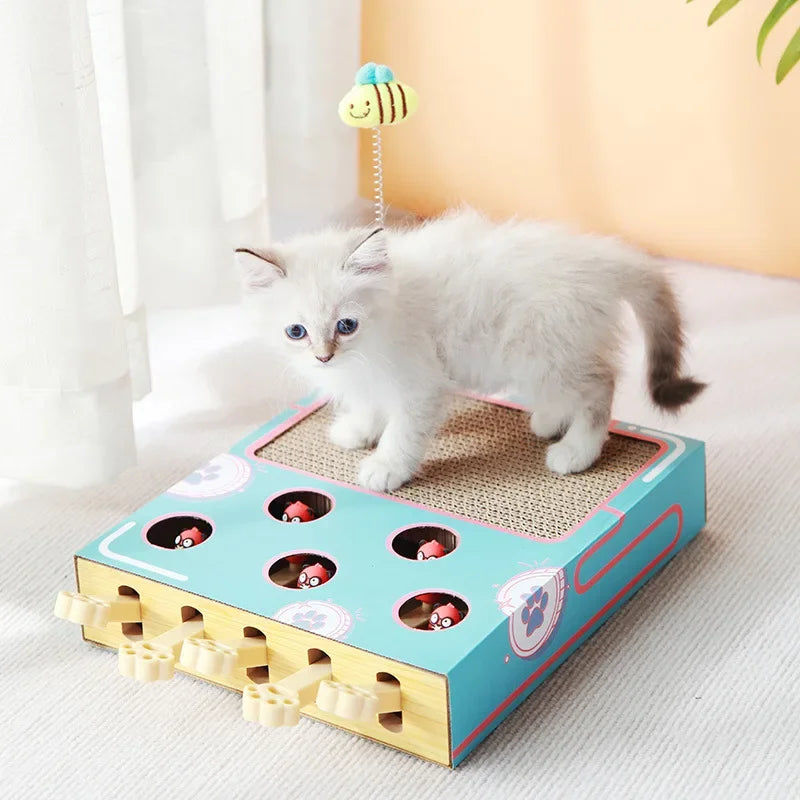 Cat Enrichment Toy Interactive Grind Claw Rest Play 3 in 1 Boredom Relief Whack A Mole Cat Toy with Cat Scratching Pad