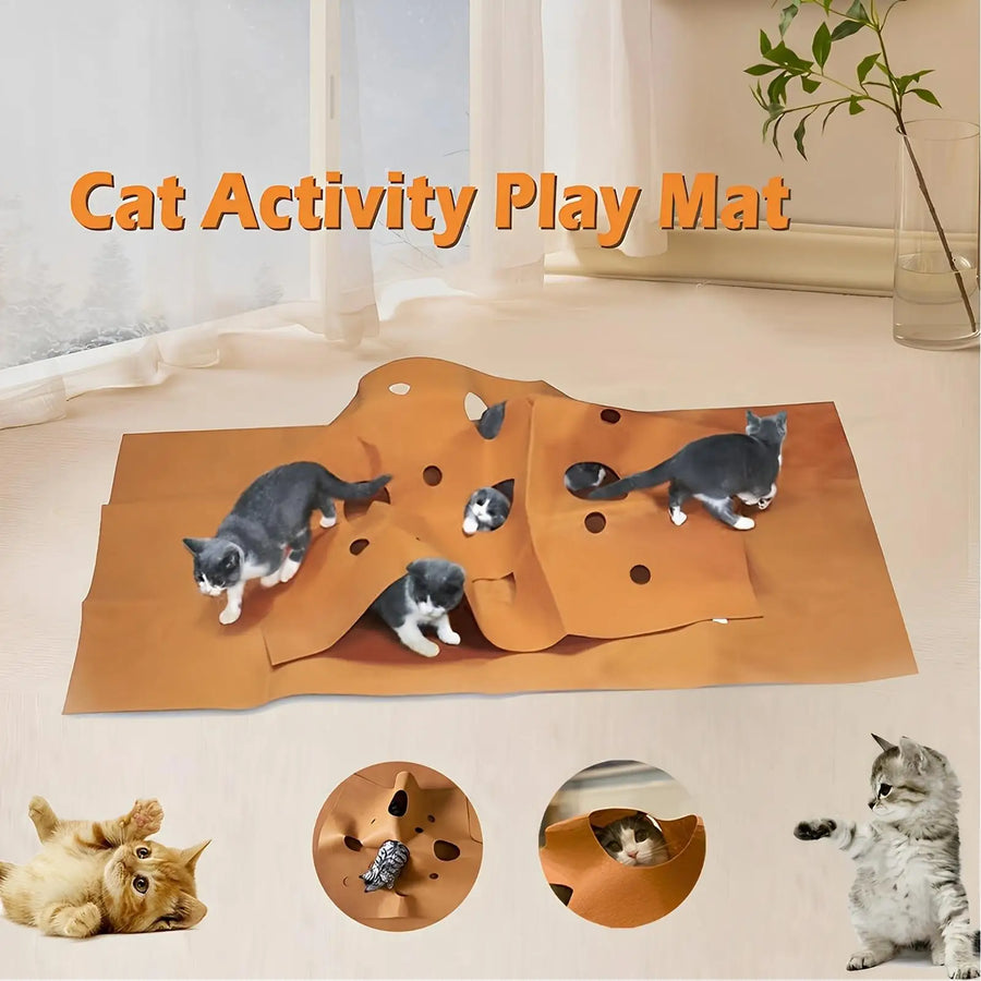 Interactive Cat Tunnel with Play Mat Foldable Enrichment Toy for Indoor Kitten Agility Training Scratching Climbing Activity Mat