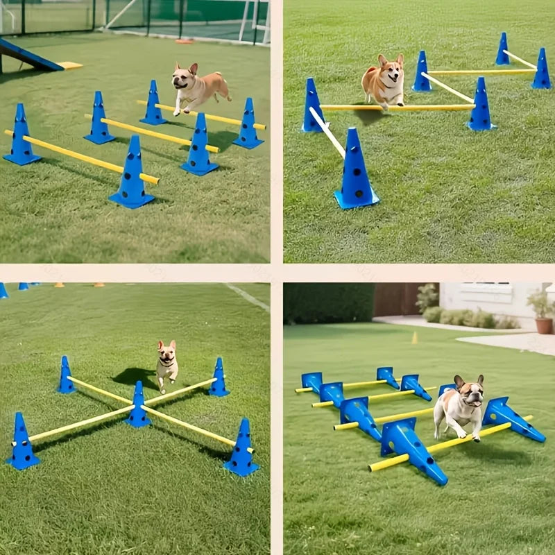 Dog agility training equipment set with perforated roadblock bucket and hurdle stand