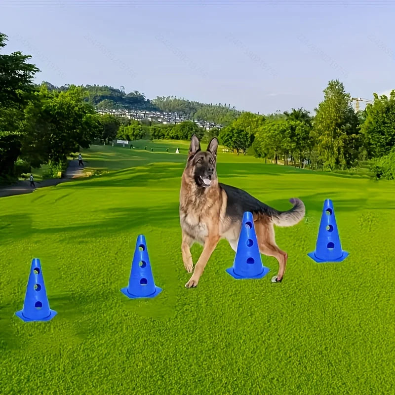Dog agility training equipment set with perforated roadblock bucket and hurdle stand
