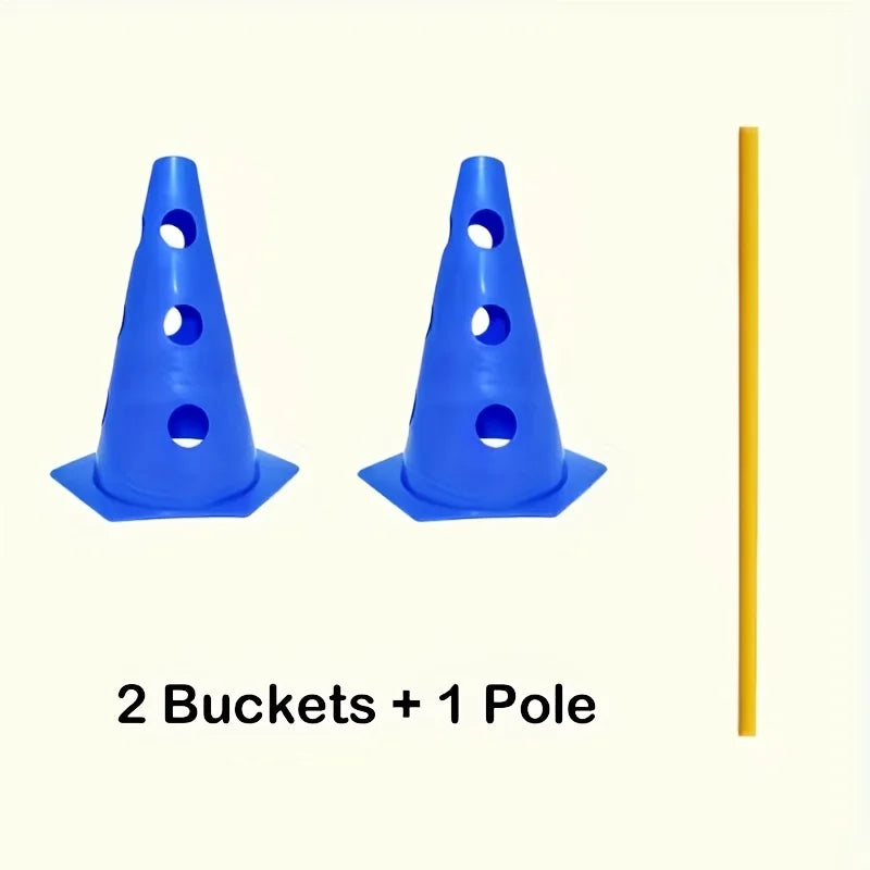 Dog agility training equipment set with perforated roadblock bucket and hurdle stand